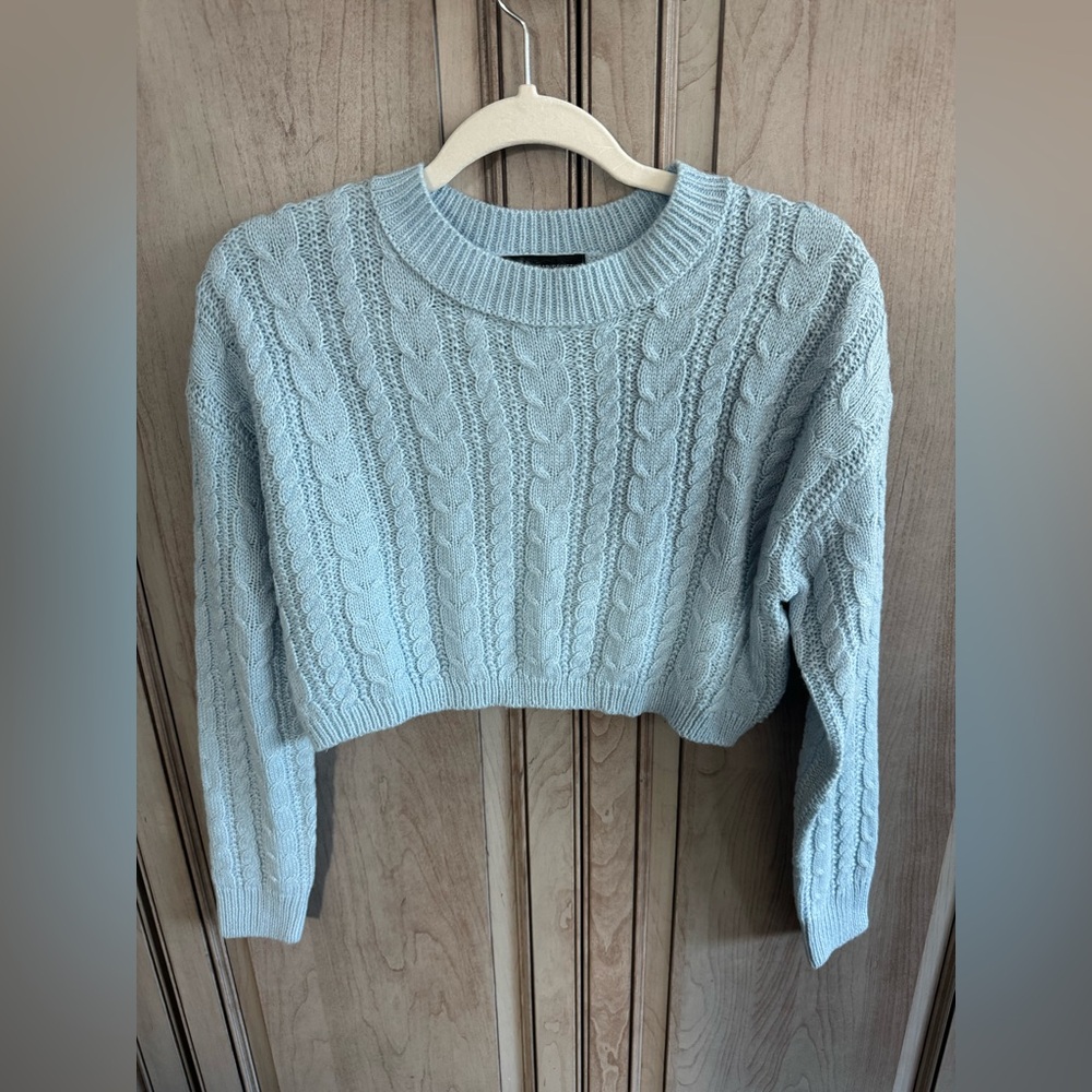 Streetwear Society Cable Knit Cropped Sweater - Light Blue XS